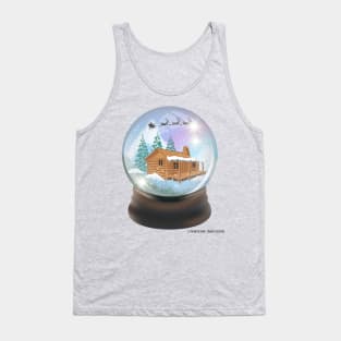 Snow Globe Santa and Reindeer Flying Over A Winter Cabin Tank Top